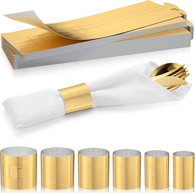 Christmas Napkin Rings Set of 50, 2 Colors in 1, Reusable Adjustable Napkin Bands for Holiday Parties, Wedding, Thanksgiving Table Decor, Waterproof Tear-Proof (Brushed Gold) Great Gift Idea