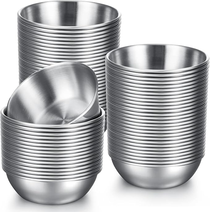 Tanlade 50 Pcs Metal Sauce Bowls 3.2 Inch Round Stainless Steel Seasoning Dishes Cups Mini Saucers Plates Small Sushi Dipping Bowls for Prep Ramekins Kitchen Party Supplies(Silver)