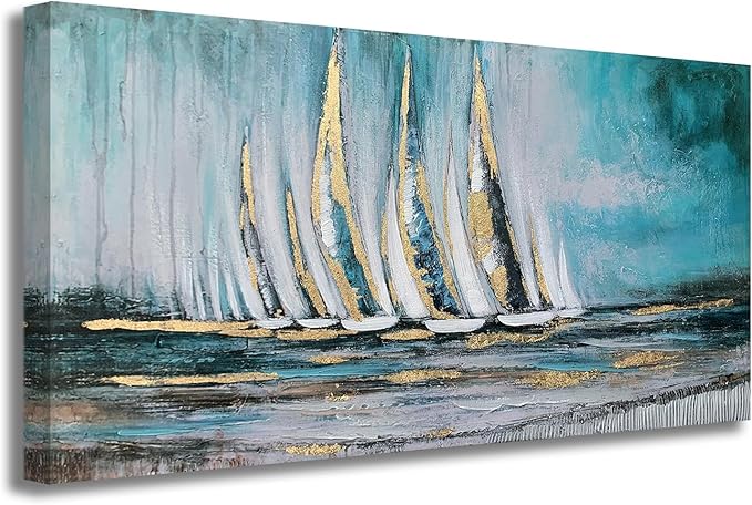 Anolyfi Blue Abstract Canvas Wall Art Teal Ocean Sailboat Picture Modern Coastal Nautical Painting, Textured Artwork Large Framed for Living Room Bedroom Bathroom Kitchen Office Home Decor 40"x20"
