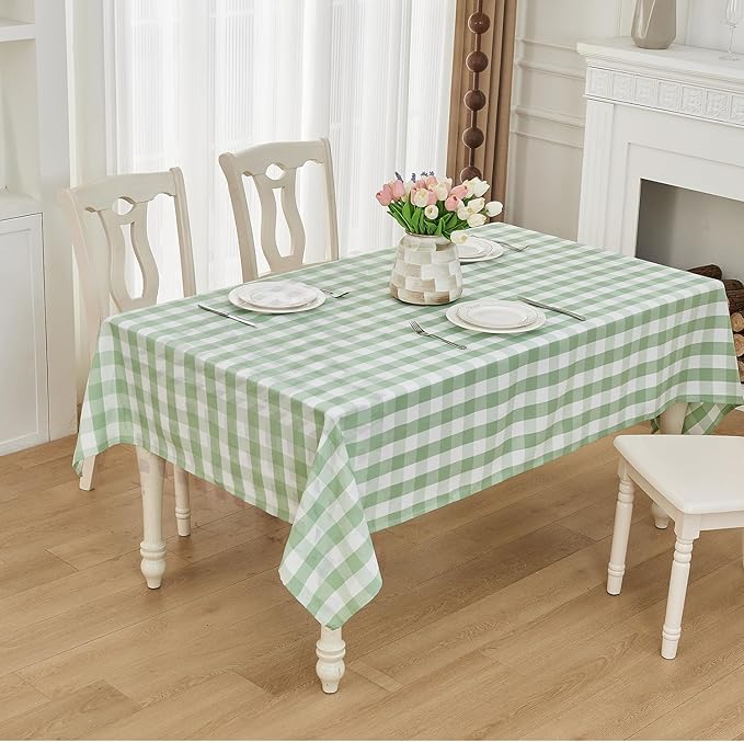 BALCONY & FALCON Rectangle Gingham Table Cloth – Water-Resistant Cotton Blend Washable Checkered Tablecloth for St. Patrick's Day, Outdoor Picnic, Camping, Kitchen (Green White, 55x71 Inch)
