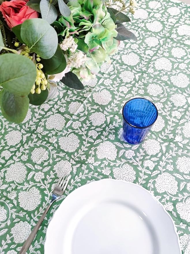 ATOSII Shalimar Green 100% Cotton Rectangle Spring Tablecloth, Handblock Floral Print Linen Table Cloth for Kitchen Dining I Parties, Outdoors, Weddings, Easter Holidays I 72 X 120 Inches I 10 Seater