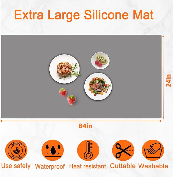 84''x24'' Extra Large Silicone Mat for Kitchen Counter, Heat Resistant Countertop Protector, Non-Slip Waterproof Kitchen Island Mat, Easy to Clean, Semitransparent