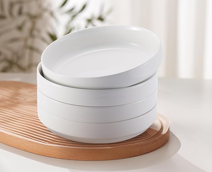 KooK Pasta Bowl, Bowl Plate, Low Bowl, Plate Bowls, Ceramic Large Shallow Bowls, Microwave and Dishwasher Safe, Great for Soups and Salads, Glossy Porcelain, 47 oz, Set of 4, White