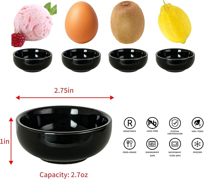 Ceramic Pinch Bowls,2.7 oz Mini Prep Dip Bowl Set,Small Dipping Salsa Charcuterie Soy Sauce Side Dish for Sushi,Set of 6(Black)