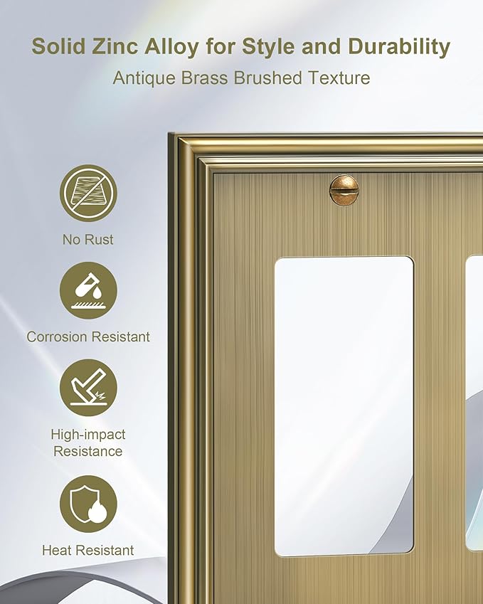 2-Pack Quad Decorator Cover Plate, Zinc Alloy Decorative Antique Brass Switch Plates and Outlet Covers, 4 Gang Wall Plate for Electrical Outlets, Receptacle, GFCI Outlet, Dimmer Switch