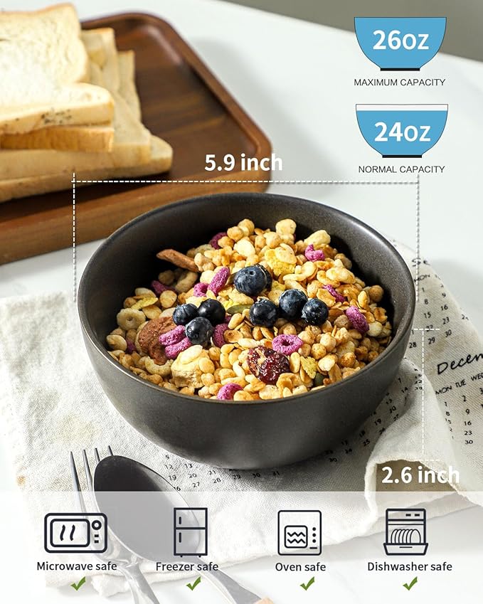 Cereal Bowls, 24 oz Soup Bowls Set of 4, Ceramic Bowls Set for Salad, Fruit, Breakfast, Dessert, Stoneware Bowls for Kitchen, Dishwasher & Microwave Safe, Matte Black