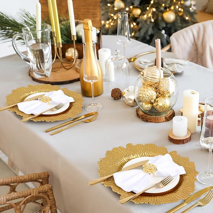 Dandat 48 Pcs Charger Plate Bulk 13'' Floral Reef Plates with Napkin Ring Plastic Dinner Charger Hollow Out Flower Napkin Holder Plastic Plate for Table Setting Wedding Party (Gold)