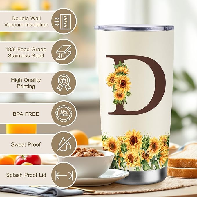 Sunflower Gifts for Women - Personalized Christmas Gifts for Women - Birthday Gift for Woman - Mothers Day Gift for Mom - Monogrammed, Initial 20oz Travel Cup Insulated Tumbler with Lid, D
