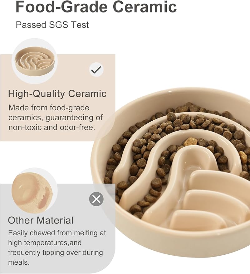Ceramic Maze Dog Slow Feeder with Non-Slip Silicone Rim (& Bamboo Stand) – Heavy-Duty Stoneware Bowl with Puzzle Pattern for Bloating & Obesity Prevention (Raised-Apricot-M)