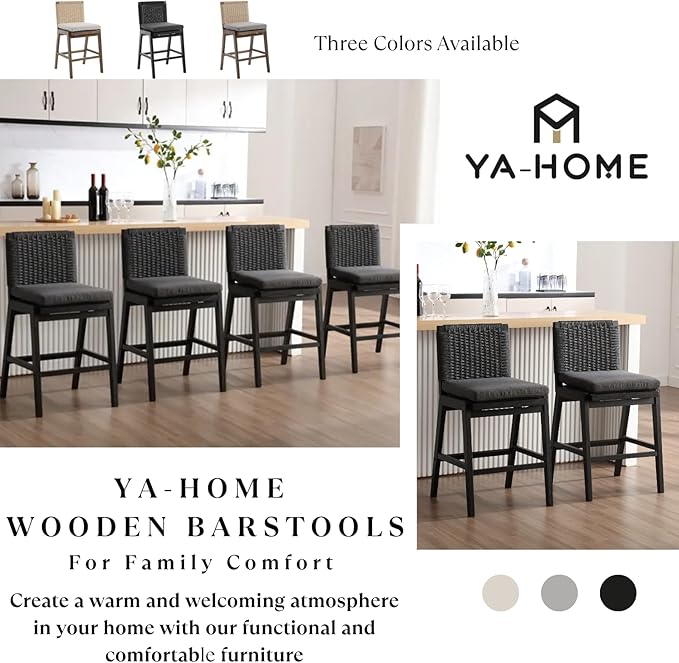 Carbon Black Bar Stools Set of 2, 27.3 Inch Counter Height Stools Upholstered Linen Armless Bar Chairs with Woven Rope Backrest Wooden Legs for Kitchen Island Dining Room