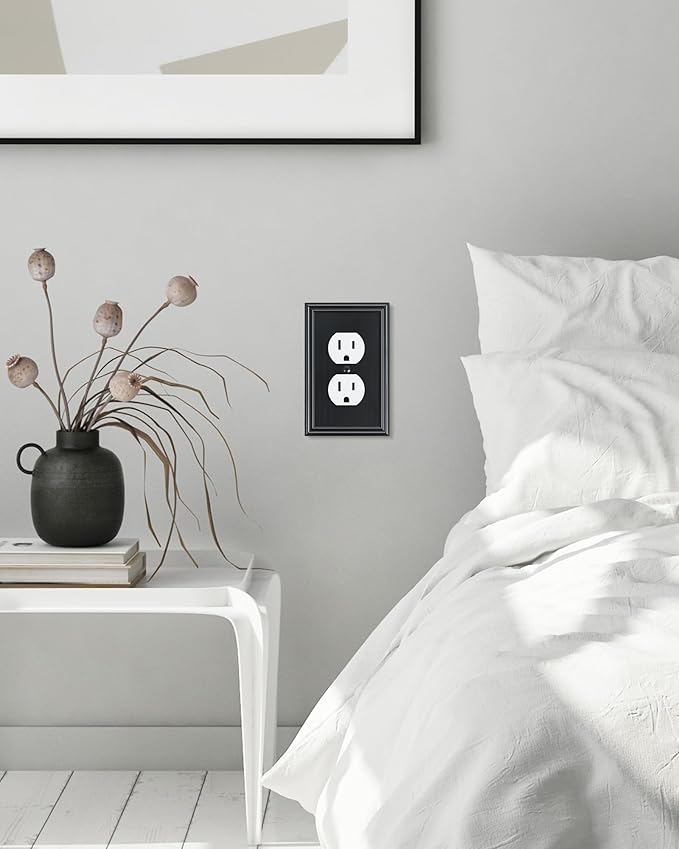 6-Pack Single Duplex Outlet Cover Plate, Decorative Black Switch Plates and Outlet Covers, Metal Wall Plates for Electrical Outlets, 1 Gang Receptacle Cover, Corrosion Resistant