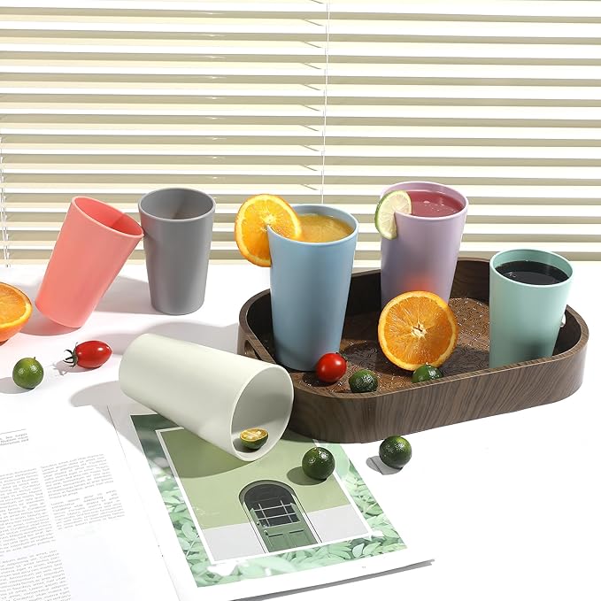 24 Pcs Unbreakable Plastic Cups Set, 12 Pcs 14 oz and 12 Pcs 20 oz Reusable Plastic Cups, Stackable Water Tumblers, Drinking Cup for Kitchen, BPA-free, Dishwasher and Microwave Safe, 6 Colors