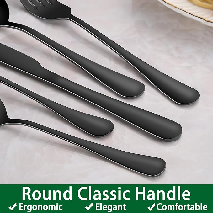 24-Piece Black Silverware Set with Steak Knives, Black Flatware Set for 4, Food-Grade Stainless Steel Tableware Cutlery Set, Mirror Finished Knife Spoon And Fork Sets for Home Restaurant