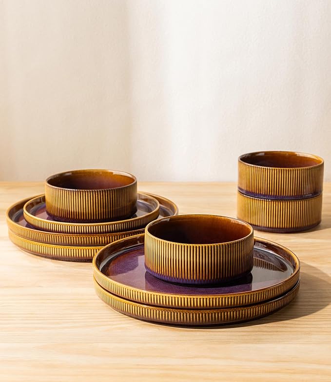 TheTerra Ceramic Dinnerware Sets for 6, 18 Pieces Porcelain Lightweight Plates and Bowls Sets, Scratch Resistant Dish Set, Oven & Microwave & Dishwasher Safe, Amber Amethyst