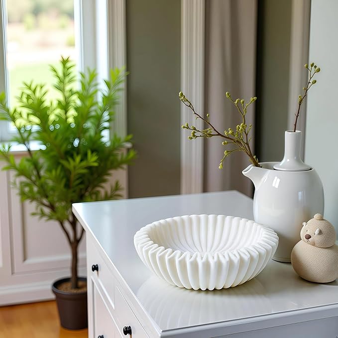 Braxio Decorative Bowl Modern Home Decor – White Ruffle Bowl Decorative Catchall for Entryway Dining Table Living Room Centerpiece Key Holder Fruit Bowl 9 x 9 x 2.6 Inch Art Deco Style