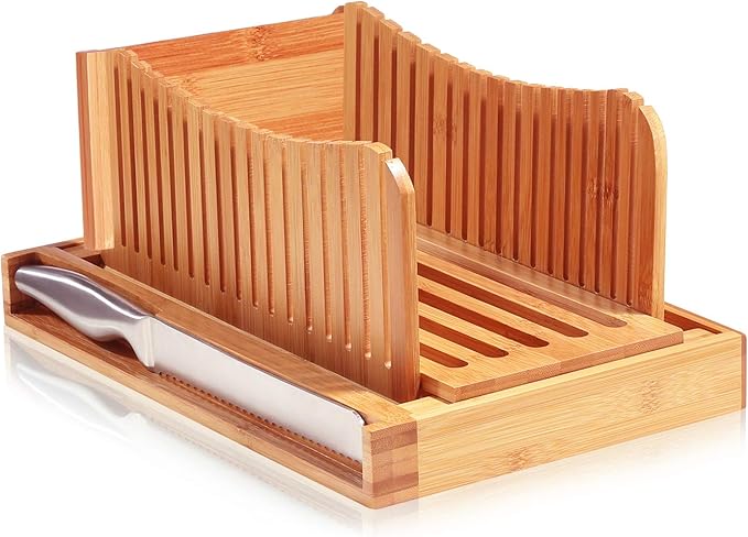 Bread Slicer for Homemade Bread - Adjustable Bamboo Bread Cutter with Knife, Foldable Slicing Guide & Crumb Tray - Bread Loaf Slicer for Sourdough, Cakes, Bagels, Loaves - Kitchen Gadgets Baking Gifts