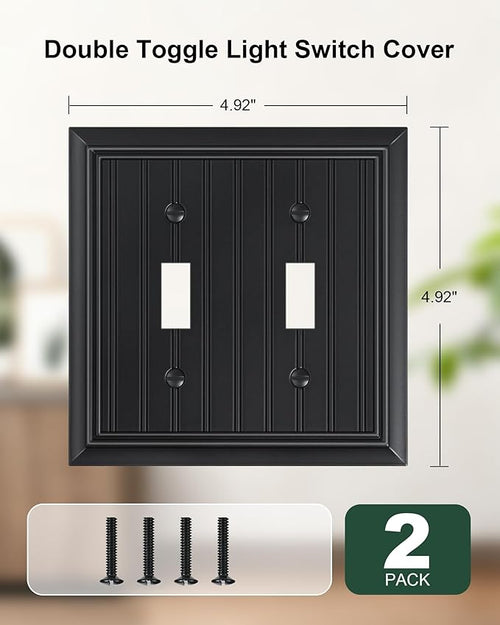 2-Pack Classic Beadboard Double Toggle Light Switch Cover Plate, Durable Natural Bamboo Fiber Decorative Switch Plate Covers, Matte Black 2 Gang Wall Plate