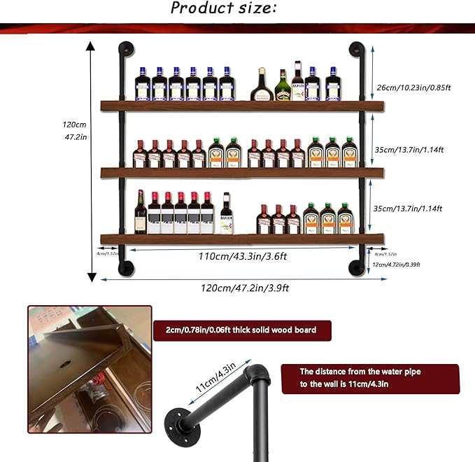 Large Wine Rack with LED Light Solid Wood Wall Mounted Wine Rack, 3-Tiers Liquor Bottles Floating Shelves Display Storage Organizer for Home Bar & Dining Room (120cm/47.2in)