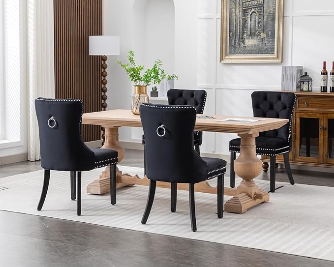 KCC Velvet Dining Chairs Set of 4, Upholstered High-end Tufted Dining Room Chair with Nailhead Back Ring Pull Trim Solid Wood Legs, Nikki Collection Modern Style for Kitchen, Black