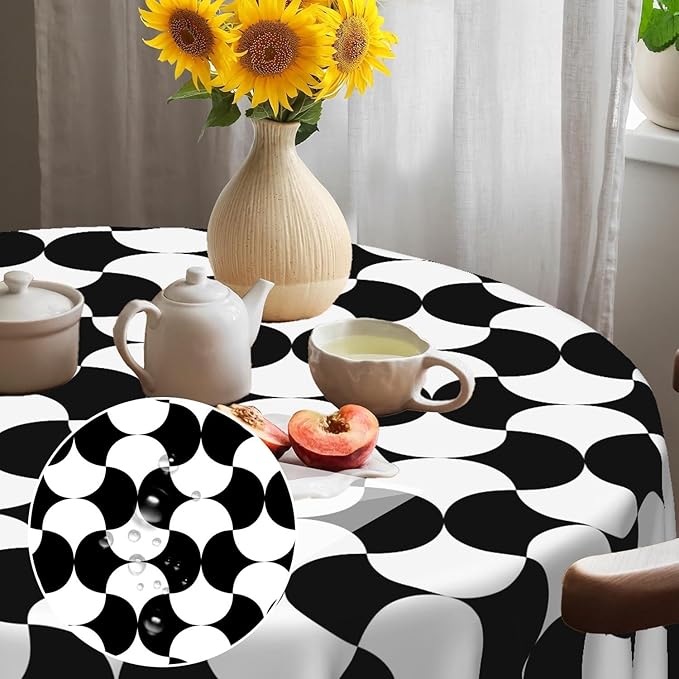 Laeacco 24 Inch Geometric Round Tablecloth Black and White Abstract Pattern Modern Art Print Table Cloth Washable Waterproof Wrinkle Free Table Cover for Kitchen Dining Picnic Party Decoration