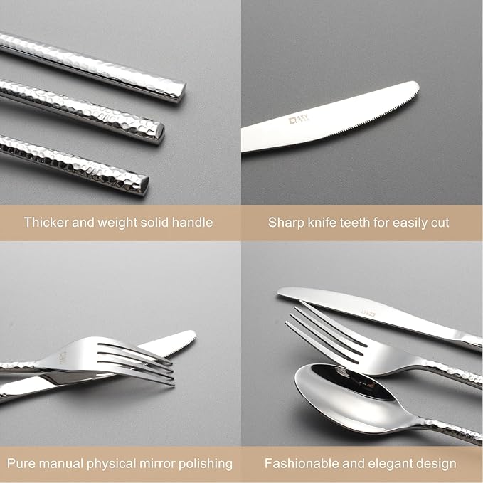 20-Piece Forged Hammered Stainless Steel Flatware Cutlery Set for 4, SXY INOX Includes Dinner Knives,Dinner Forks, Tea Spoons, Dinner Spoons, Salad forks, Mirror Polished - Dishwasher Safe