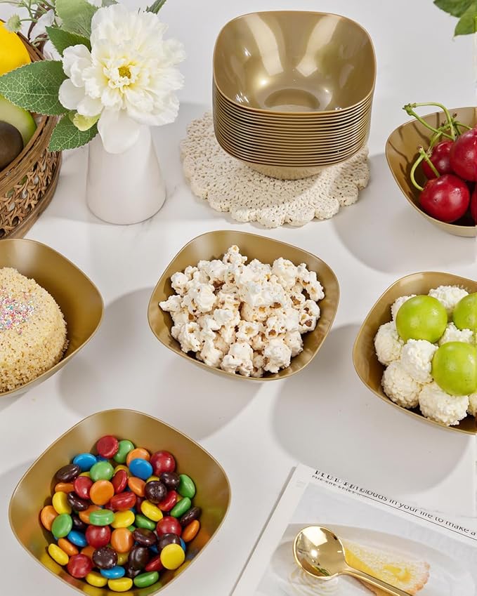 bUCLA 50Pack Gold Plastic Small Bowls - 8oz Disposable Ice Cream/Salsa/Dipping/Dessert/Sauce/Small Serving Bowls for Party