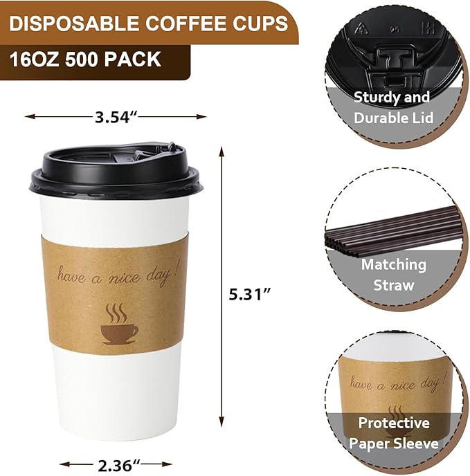 500 Pack 16 oz Disposable Paper Coffee Cups, Paper To Go Cups with Lids, Sleeve and Straw, Hot Paper Cups for Home, Office and Party (White 16oz)