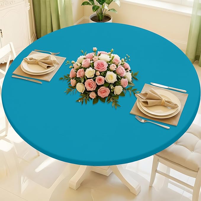 Round Spandex Tablecloth, Elastic Fitted Waterproof Tablecloths for 31"-35" Tables, Stretch Washable Picnic Table Cover for Camping, Dining, Indoor and Outdoor, Turquoise