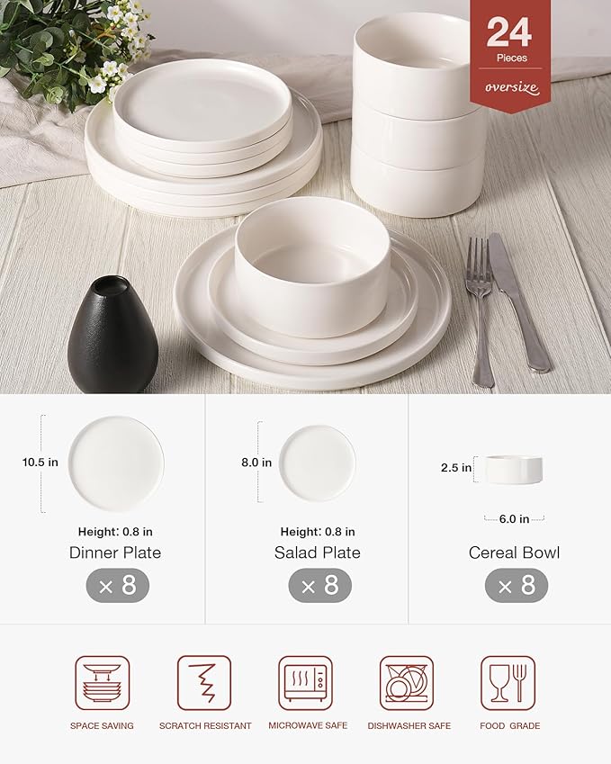Famiware Porcelain Dinnerware Set, 24-Piece Modern Plate and Bowl Set, dish set for 8, Microwave and Dishwasher Safe Tableware, White