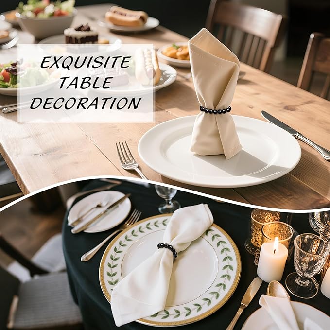 Napkin Rings Set of 6，Farmhouse Stretchable Wooden Bead Reusable Cloth Napkin Holders for Wedding, Christmas, Graduation & Dinner Parties Black Napkin Ring (6)