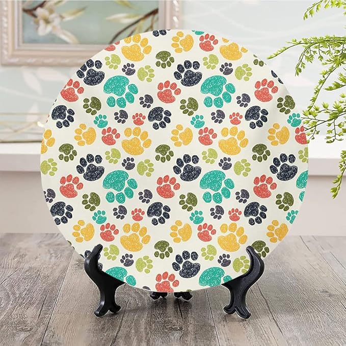 Decorative Plates, Dog Lover Print Ornament, Cute Hand Drawn Paw Print Doodles, 8 Inch, Kitchen Wall Decor, Multicolor