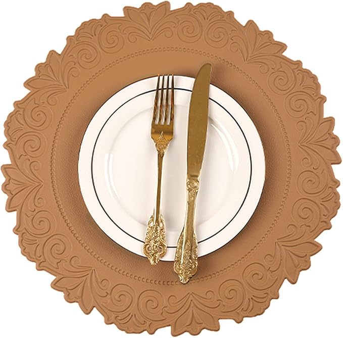 Noctiflorous Round Faux Leather 15 Inch Placemats Set of 4 Waterproof Wipeable Heat Resistant Tablemat for Dining Table Kitchen Non Slip Washable Oilproof Table Place Mat(Umber Brown, 4)