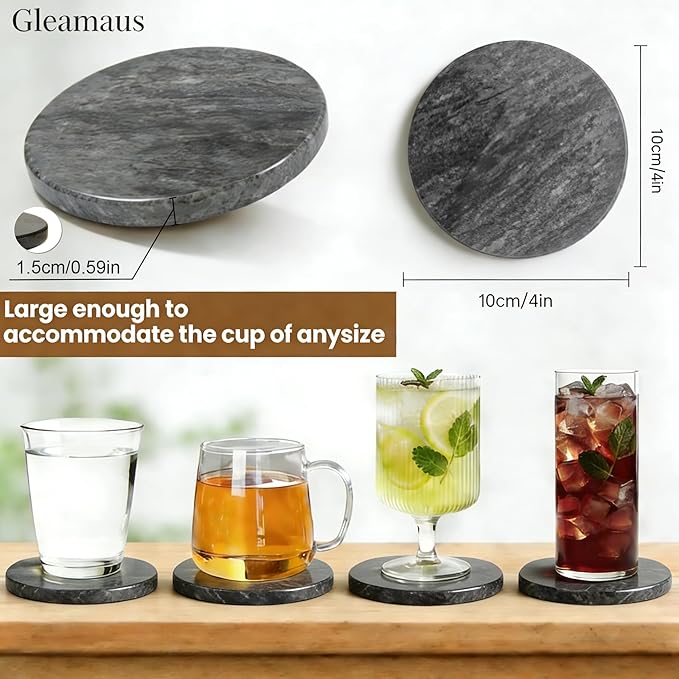 Natural Marble Coasters, Round Costers, Luxury Aesthetic Modern Decor for Coffee Table Bar Kitchen Home, Grey Marble, Real Natural Semi Absorbent Stone Coasters