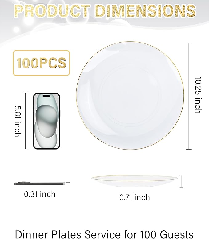 Nervure 100 Pieces Clear and Gold Plastic Plates - 10.25inch Gold Dinner Plate - Heavyweight Clear Disposable Plates Ideal for Party & Wedding