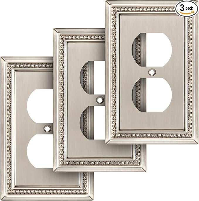 Henne Bery Sunken Pearls Heavy Duty Decorative Wall Plate Switch Plate Outlet Cover (Single Duplex, 3 Pack, Satin Nickel)