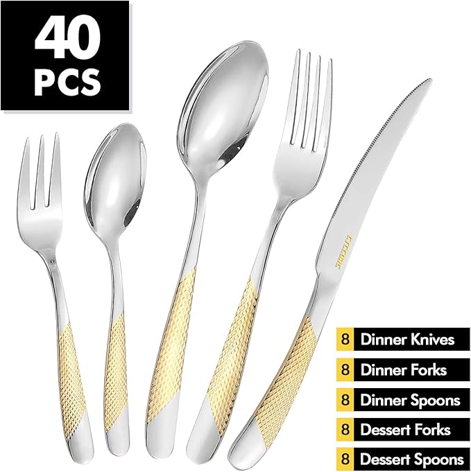 40-Piece Silverware Set, Luxury Gold Silverware Kitchen Flatware Sets Service for 8, Premium Cutlery Utensil Set with Dinner Knife Spoon Fork Set, Durable Stainless Steel Tableware Sets