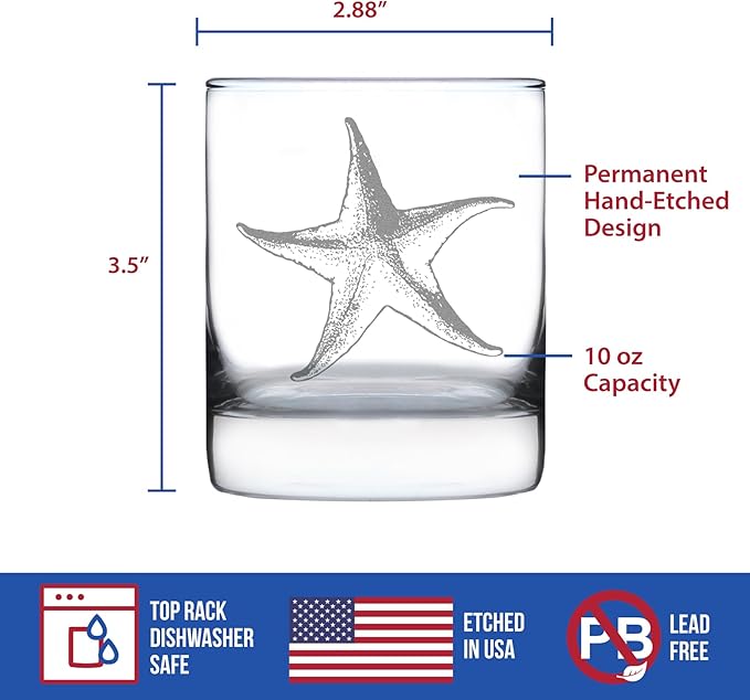 Custom Starfish Rocks Glass - Beach Themed Decor and Decorative Ocean Glassware Gifts for Women and Men - 10.25 Oz Glasses