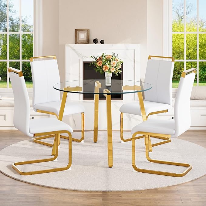 42" Round Glass Dining Table Set for 4,Modern Breakfast Table Set for 4 with Luxury Gold Chrome Legs,Space Saving Kitchen Table and White Chairs for Apartment,Easy Assembly