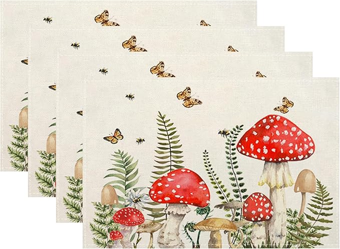 Spring Placemats 12x18 Inches Set of 4,Red Green Mushroom Leaves Decorative Rectangle Summer Seasonal Botanical Decoration Linen Table Mats for Party, Home Kitchen,Dining Table Decor