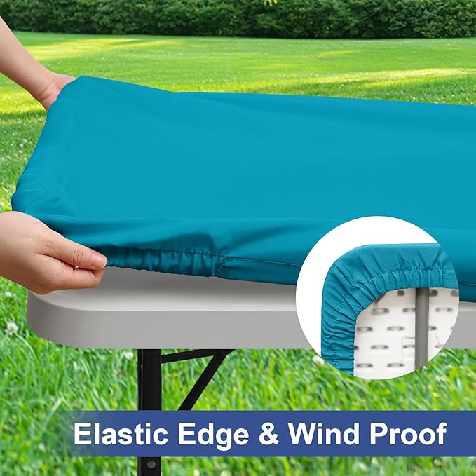 homing 2 Pack Rectangle Table Cloth, Elastic Fitted Fabric Tablecloth Fits for 4 Foot Folding Tables, Washable Table Cover for Picnic, Camping, Indoor & Outdoor (Teal, 24" x 48")