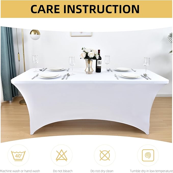 2-Pack 4ft White Spandex Table Covers for Rectangular Folding Tables - Wrinkle Resistant Stretch Tight Table Cloths - Ultimate Fitted Table Protector for Parties, Banquet, and Wedding