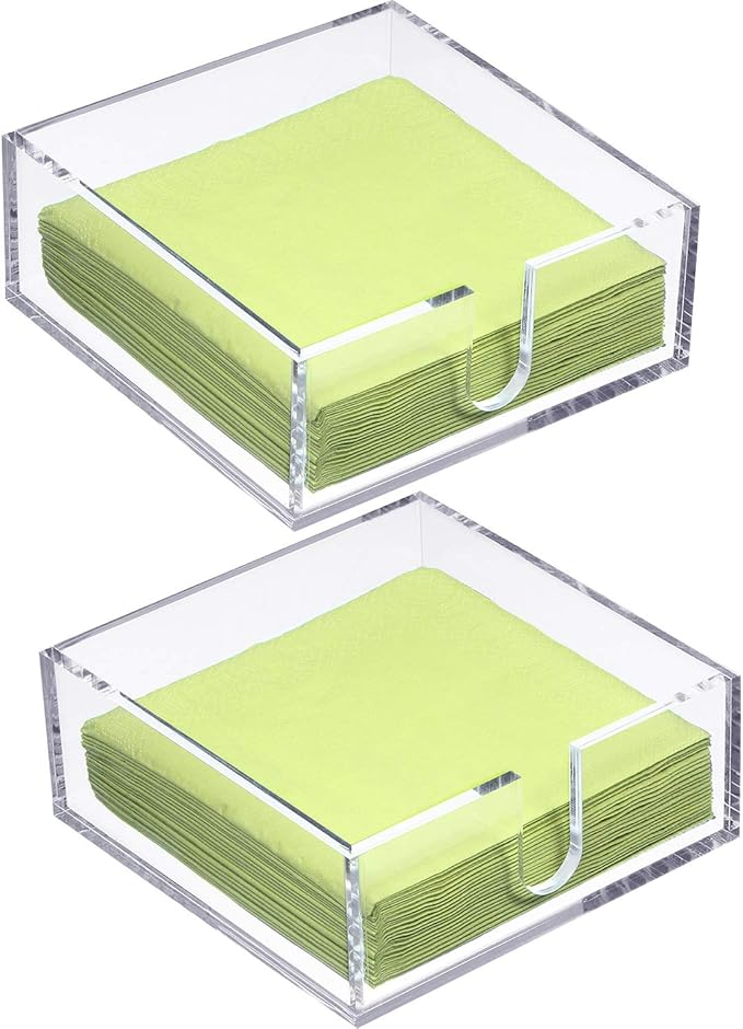 Acrylic Cocktail Napkin Holder for Table, Clear Beverage Napkin Holder Square Rectangle for Dinner, Kitchen, Bathroom, Restaurant, Bar (2 Pieces, 5.5 x 5.5 Inch)