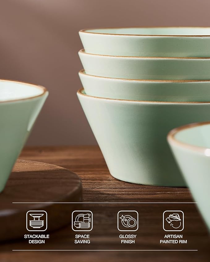 Famiware Saturn Plates and Bowls Dish Sets for 6 (18 Pieces), Stoneware Dinnerware Set with Hand-Painted Trim - Chip & Scratch Resistant, Microwave & Dishwasher Safe Ceramic Dishes, Light Green
