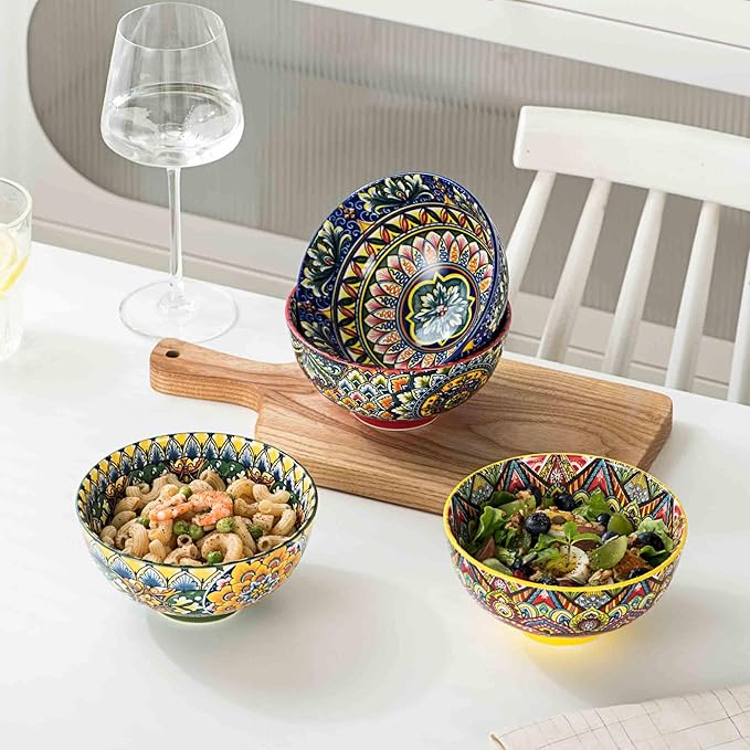 Henten Home Ceramic Soup Bowls Set of 4, Bohemia 22 oz Cereal Bowls Set, Porcelain Serving Bowls for Dinner, Salad, Pasta, Fruit, Decorative, Microwave & Dishwasher Safe