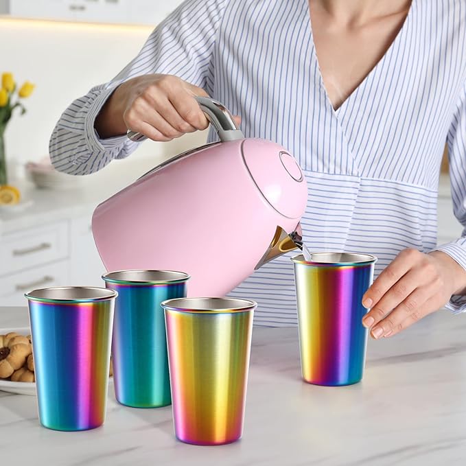 Tosnail 6 Pack 16 oz Stainless Steel Pint Cups Metal Cups Unbreakable Drinking Glasses Water Tumblers for Kids, Adults Indoor and Outdoor Use - Rainbow