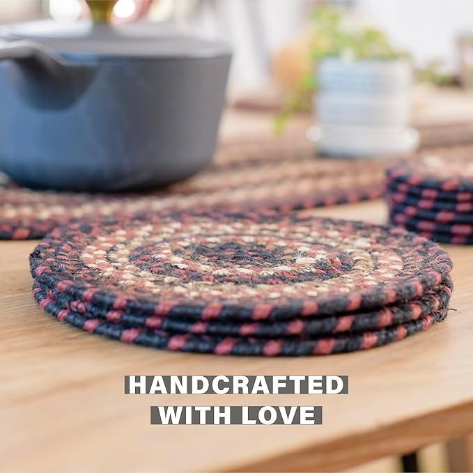 Homespice Prescott Jute Braided Coasters 4", Warm Primitive Decor, Set of 6, Black and Red - Durable, Absorbs Moisture, Easy to Clean and Protects Furniture