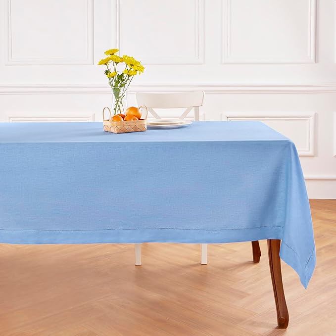 Solino Home Cornflower Blue Linen Tablecloth 60 x 90 Inch - 100% Pure Linen Hemstitch Table Cloth for Rectangle Tables - Classic Hemstitch, Machine Washable Tablecloth for Spring, Easter