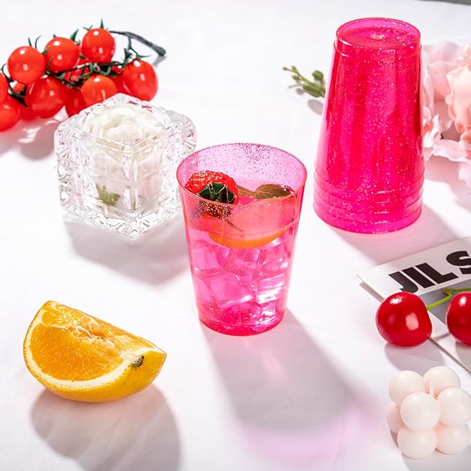 DaYammi 100 Pack Pink Plastic Cups 10Oz Clear Pink Disposable Party Cups for Martini and Cocktail,Fancy Disposable Cup for Wedding,Pink Party Cups Perfect for Valentine's Day Mother's Day Party