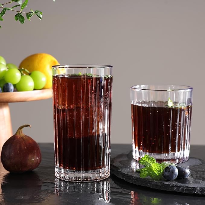 Royalrose Premium VertiLine 13.5oz Highball Glasses, 6pc Tall Glass Sets. Lead-Free Crystal Drinking Glasses. Water Glasses, Mojito Glass Cups, and Mixed Drink Cocktail Glass Set. (Tall glasses)