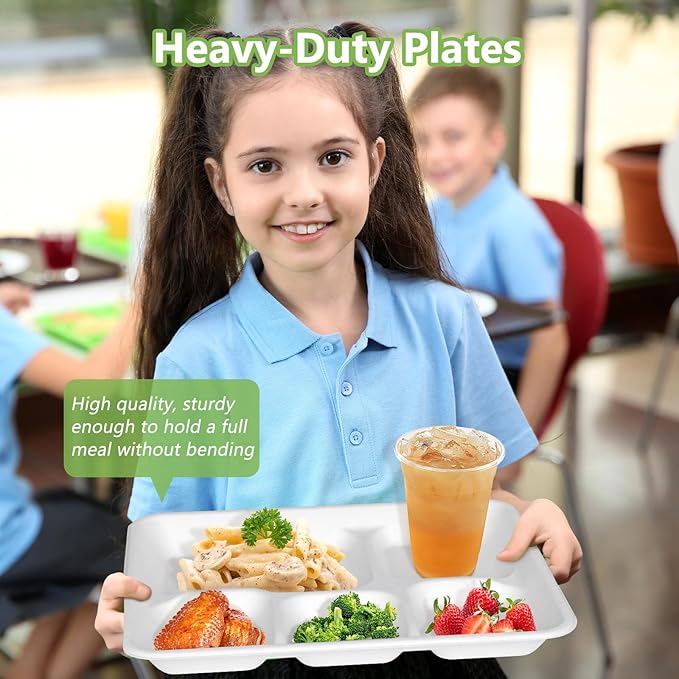 Compostable 5 Compartment Plates Disposable, 10.25 x 8.25 inch, [100-Pack] Heavy Duty Paper Plates with dividers, Sturdy School Lunch Trays, White Large Paper Dinner Plates for Buffet Party